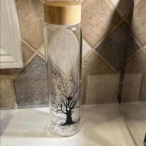 Glass Water Bottle with Tree Design and Bamboo Lid